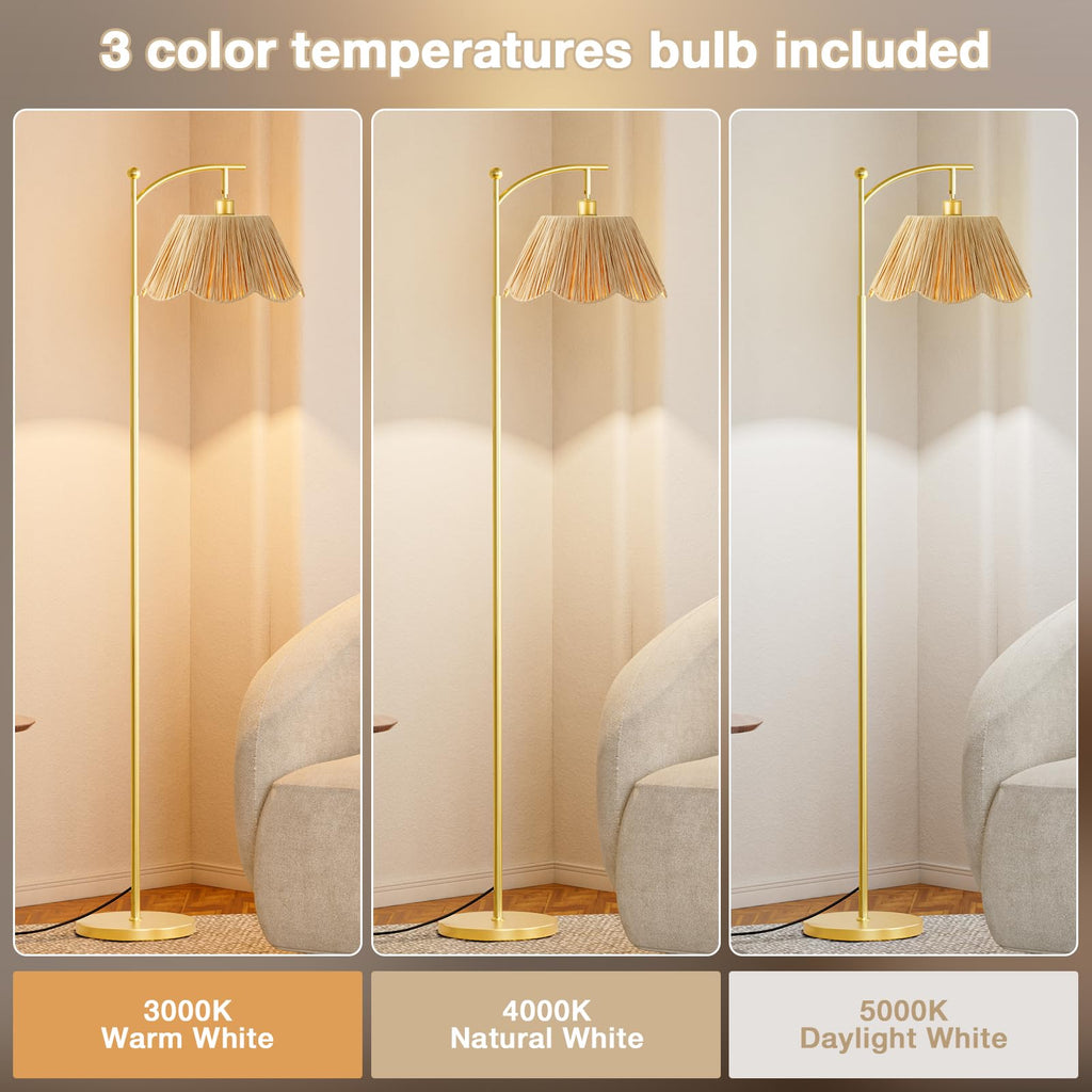 60" Floor Lamps with 3 Color Temperatures, Gold Floor Lamp with Rattan Shade, Modern Tall Lamps Office, 9W LED Bulb