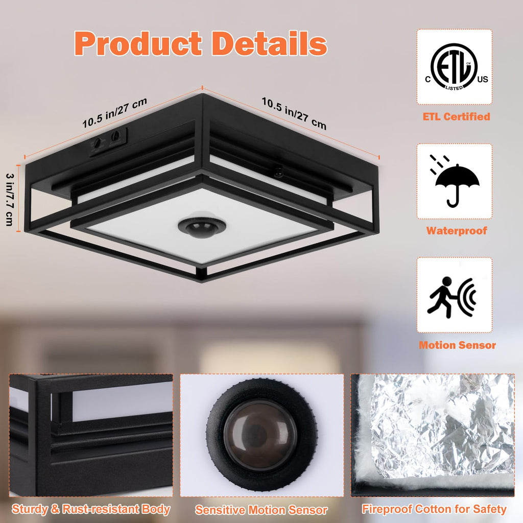 LED Motion Sensor Outdoor Ceiling Light Square Flush Mount Lighting 2 Pack