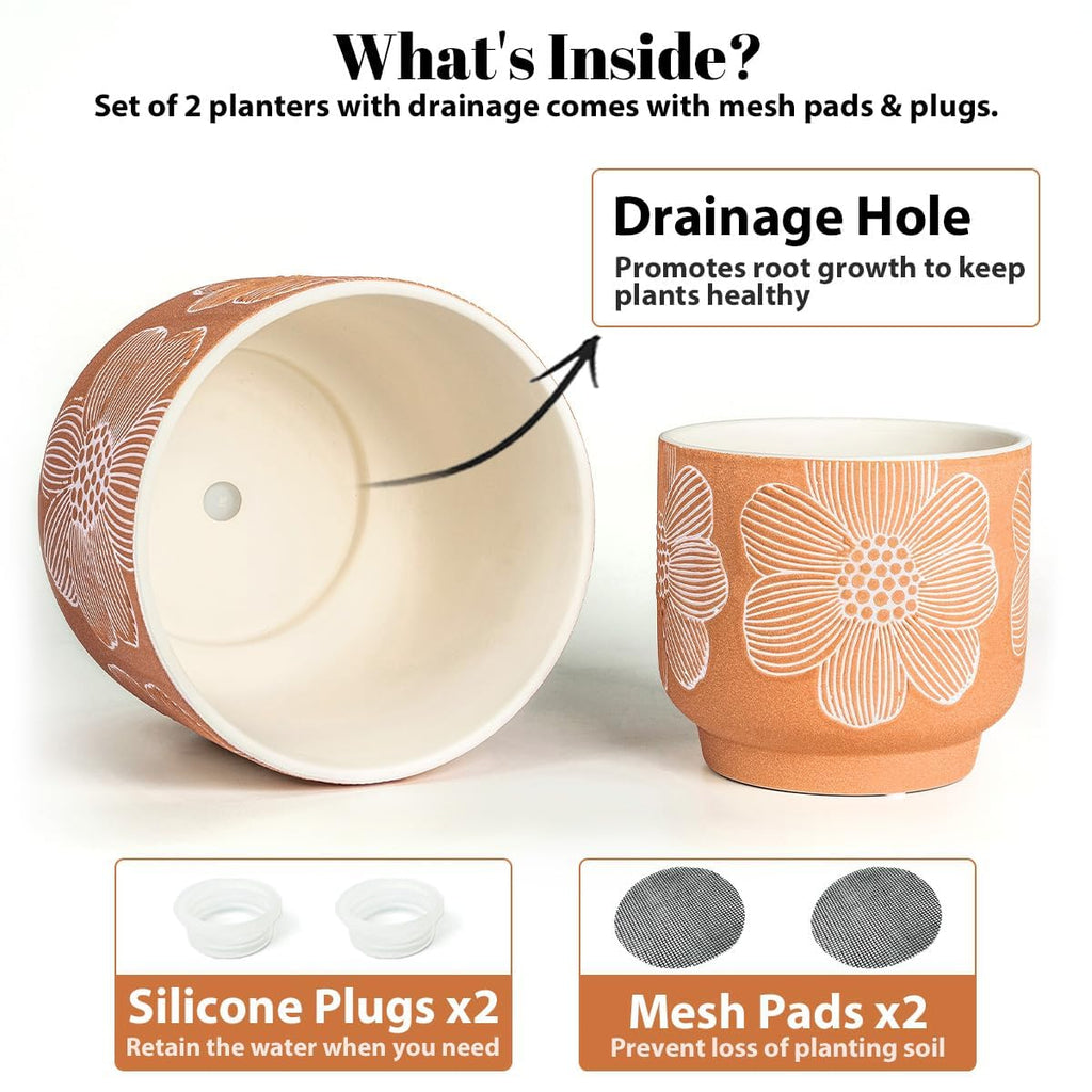 Ceramic Plant Pots, 8+6 Inch, 2 Pcs Indoor Planters with Drainage Holes