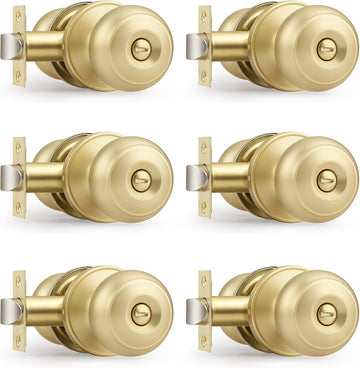 Brushed Brass Door Knobs Bathroom, Interior Door Knob with Round Ball, Gold Privacy Door Knob, 6 Pack