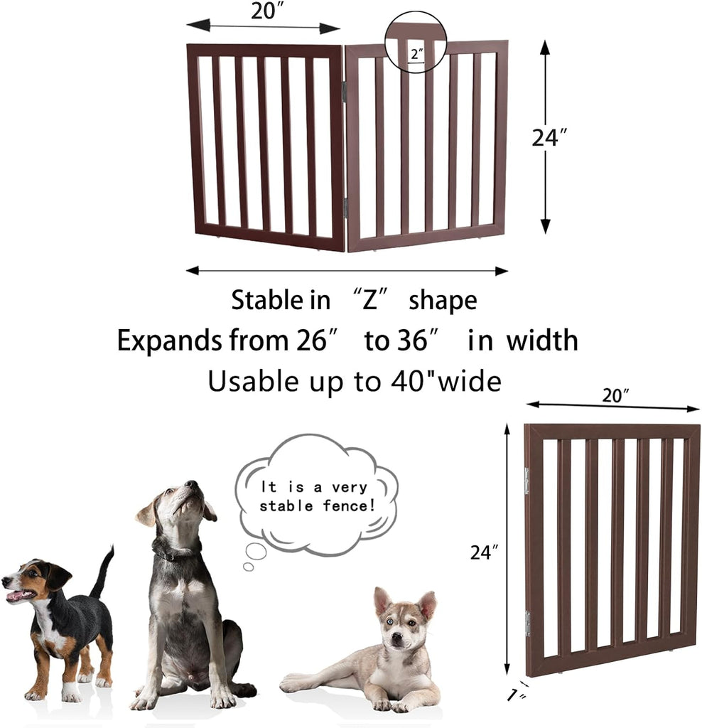 Freestanding Indoor Dog Gate Foldable Wood Brown Puppy Gate for Doorways Pet Gate for Stairs Extra Wide Pet Fence 24"