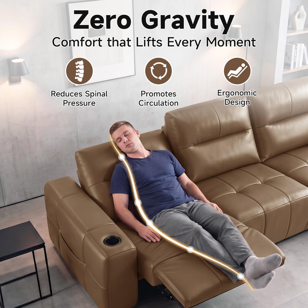Power Recliner Sofa Genuine Leather Wall Hugger Recliners with USB Port 4-Seater Sofas with 2 Cup Holders, Brown