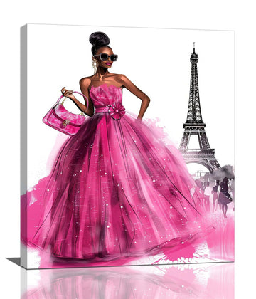 African American Canvas Wall Pink Dress Women Fashion Black Girl Pictures Decor Paris Eiffel Tower Painting Prints