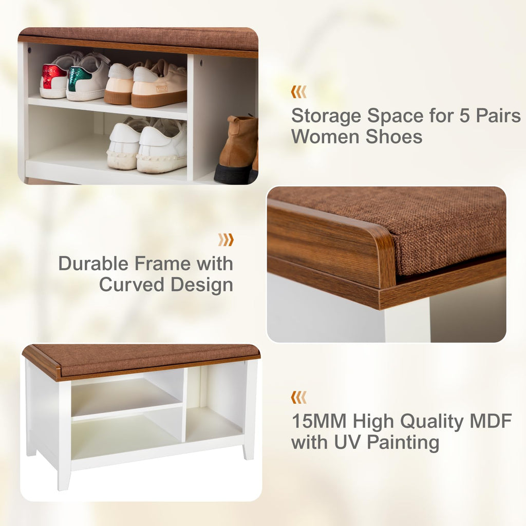 Shoe Storage Bench, White Shoe Entryway Bench with Seating Padded Cushion, Freestanding Shoe Rack Organizer Hallway