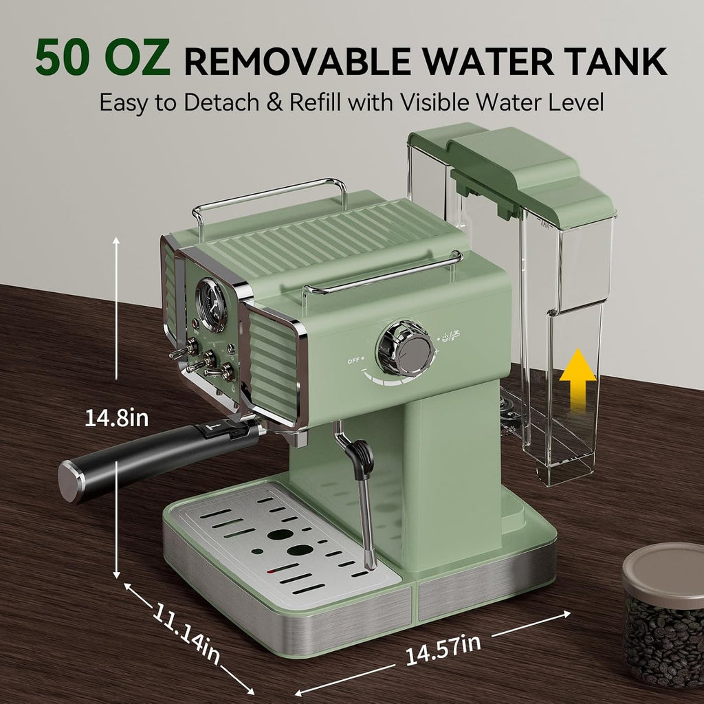 20Bar Semi Automatic Retro Espresso Machine with Milk Frother | PID Temperature Control & Visible Pressure