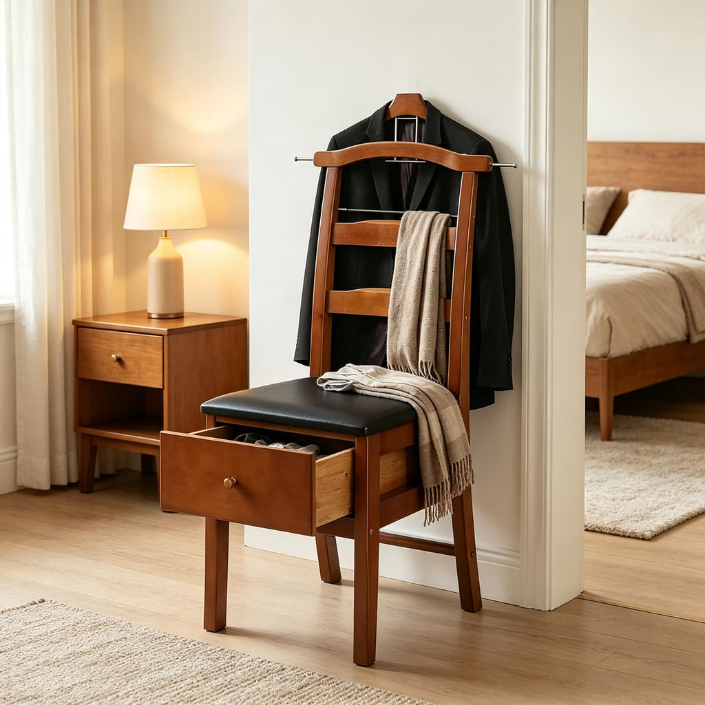 Wooden Valet Chair, Suit Valet Chair with Hanger Rack & Storage Drawer