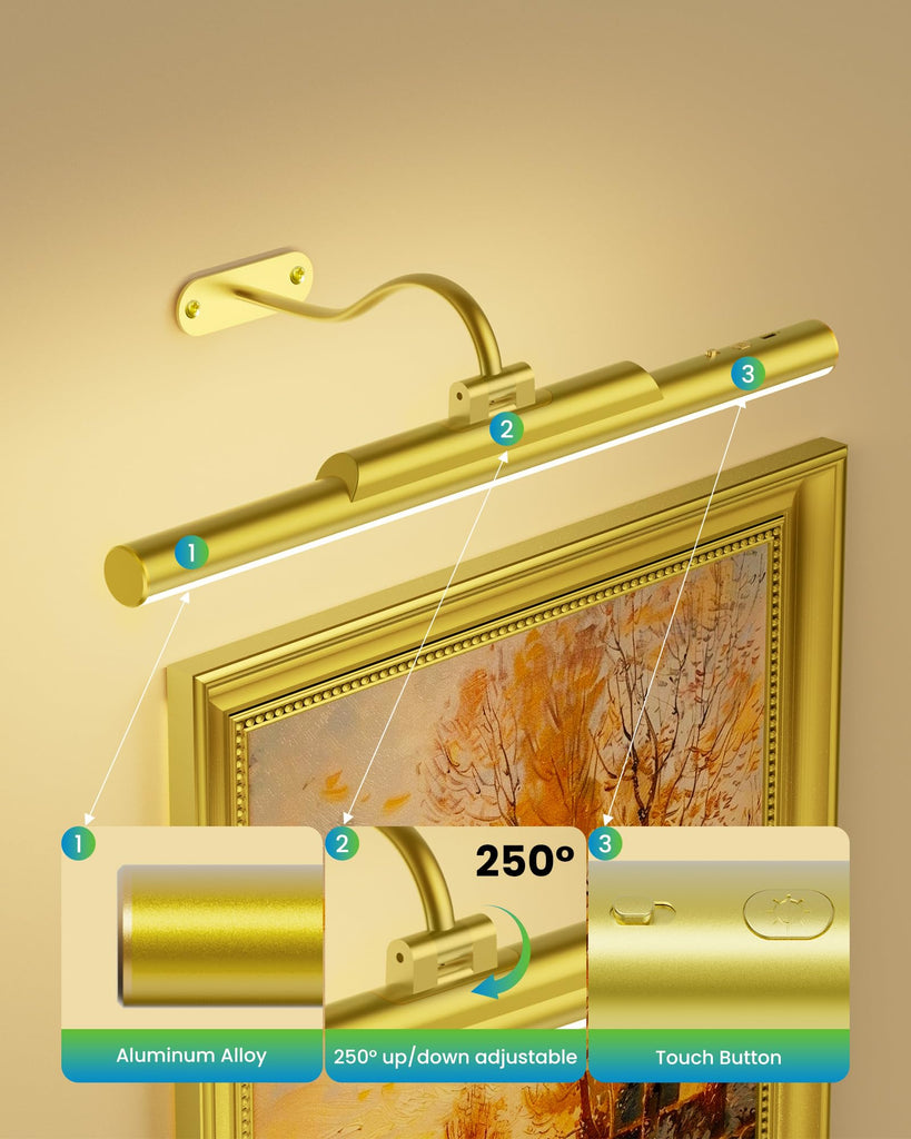 3 Pack Picture Light for Wall Cordless Rechargeable 16in Gold