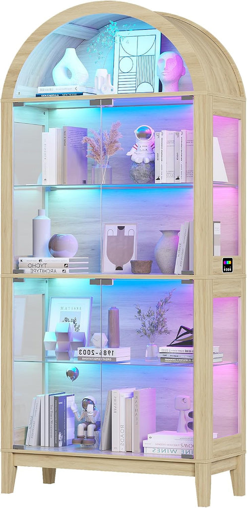 Arched Glass Display Cabinet with RGB Dimmable LED Lights, Natural | 5-Tier Bookshelf with Glass Doors, 69" Curio