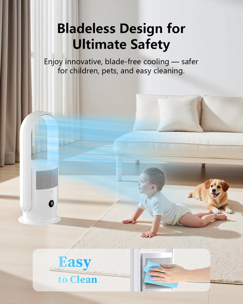 Bladeless Tower Fan and Air Purifier Combo, Quiet Oscillating Fan with Remote & Touch Control, 9 Speeds, 8H Timer