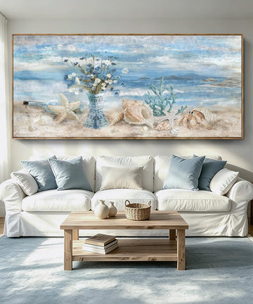 Oversized Blue Ocean Framed Wall Art Boho Canvas Print 86x39inch