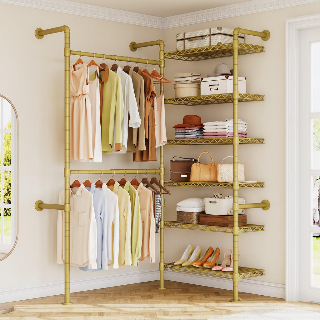 H2 Wall Mounted Clothes Rack, Expandable Metal Closet System(Gold)