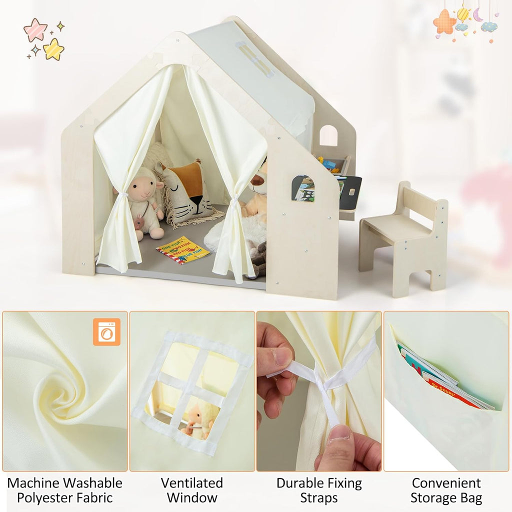 Kids Tent, in-1 Wooden Frame Play House with Table and Chair Set, Blackboard, Side Storage Bag & Soft Floor Mat