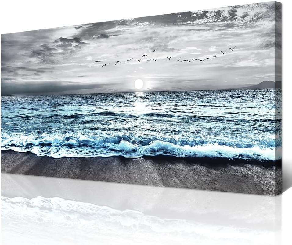 Large Canvas Wall Art Decor - Black & White Blue Sea Wave Pictures - Framed Beach Posters