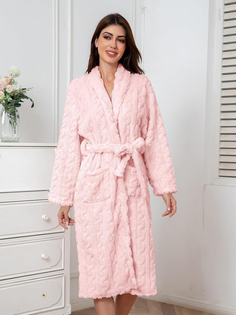Girls Soft Fleece Bathrobe, Cable Plush Hoodless Warm Robes with Belt Pockets for Kids