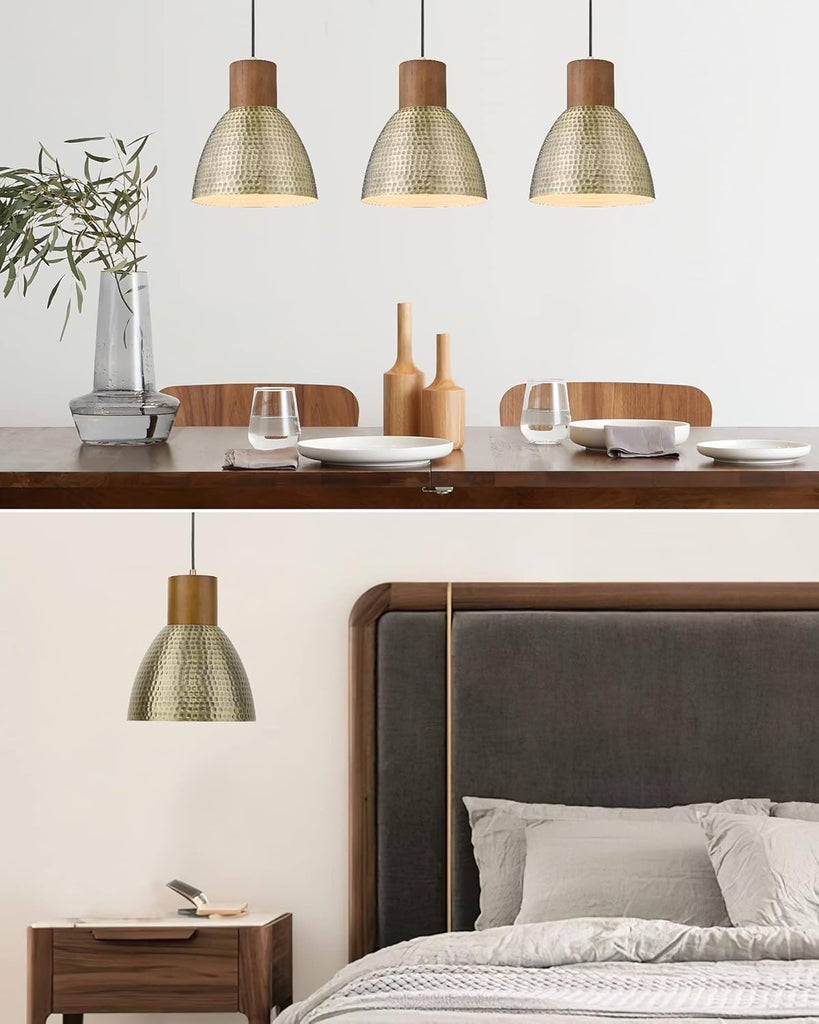 Hammered Pendant Lights for Kitchen Island, 7" Small Solid Wood Vintage Metal Hanging Light Fixture Adjustable Height