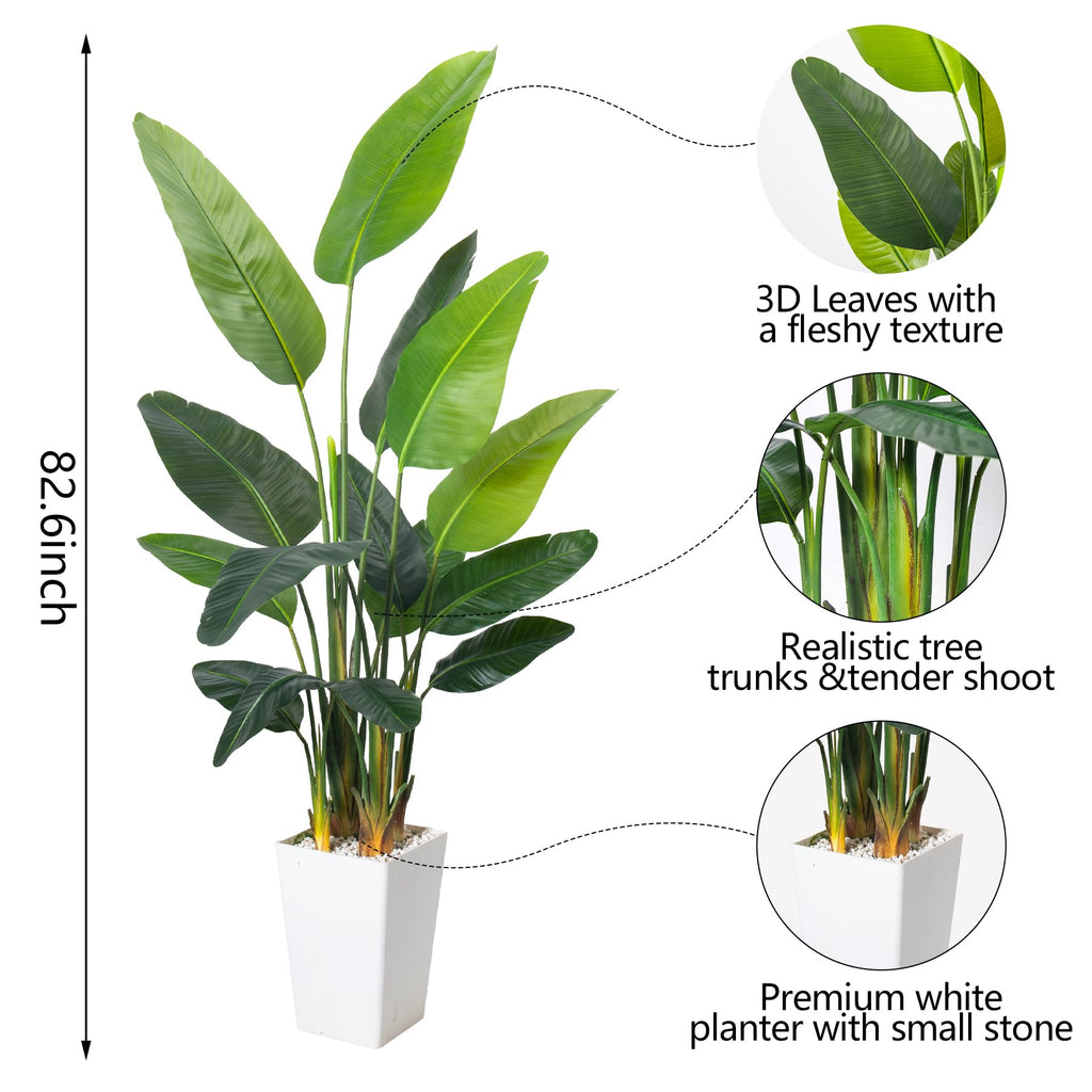 Bird of Paradise Artificial Plant 6.8FT, Faux Tropical Palm Tree with White Tall Planter, Large Fake Plants in Pot