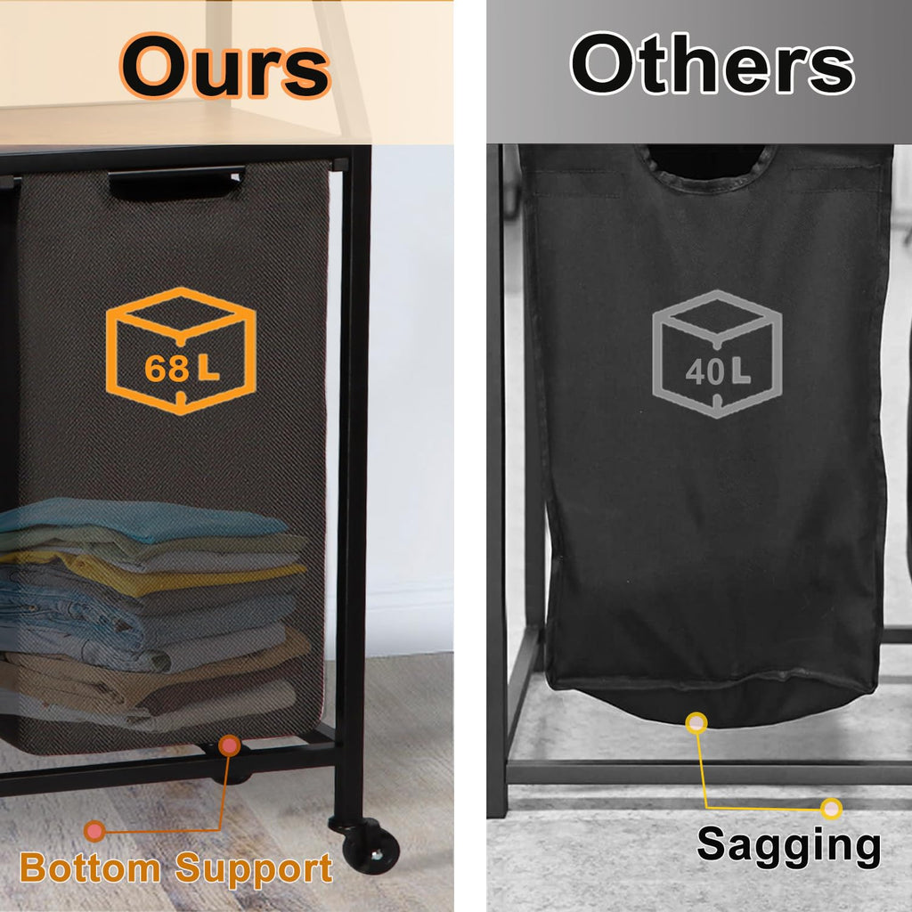 Laundry Hamper, Laundry Sorter, Rolling Laundry Basket with Wheels, 2 Shelves, 18 Gal(68L), Pull-Out and Removable