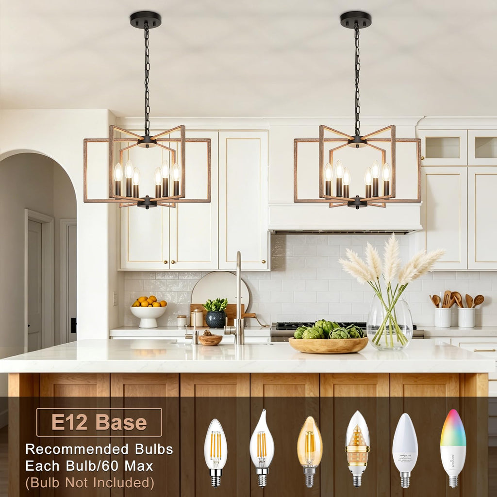 6 Light Rustic Chandelier, Dining Room Light Fixture, Brushed Rustic Wood