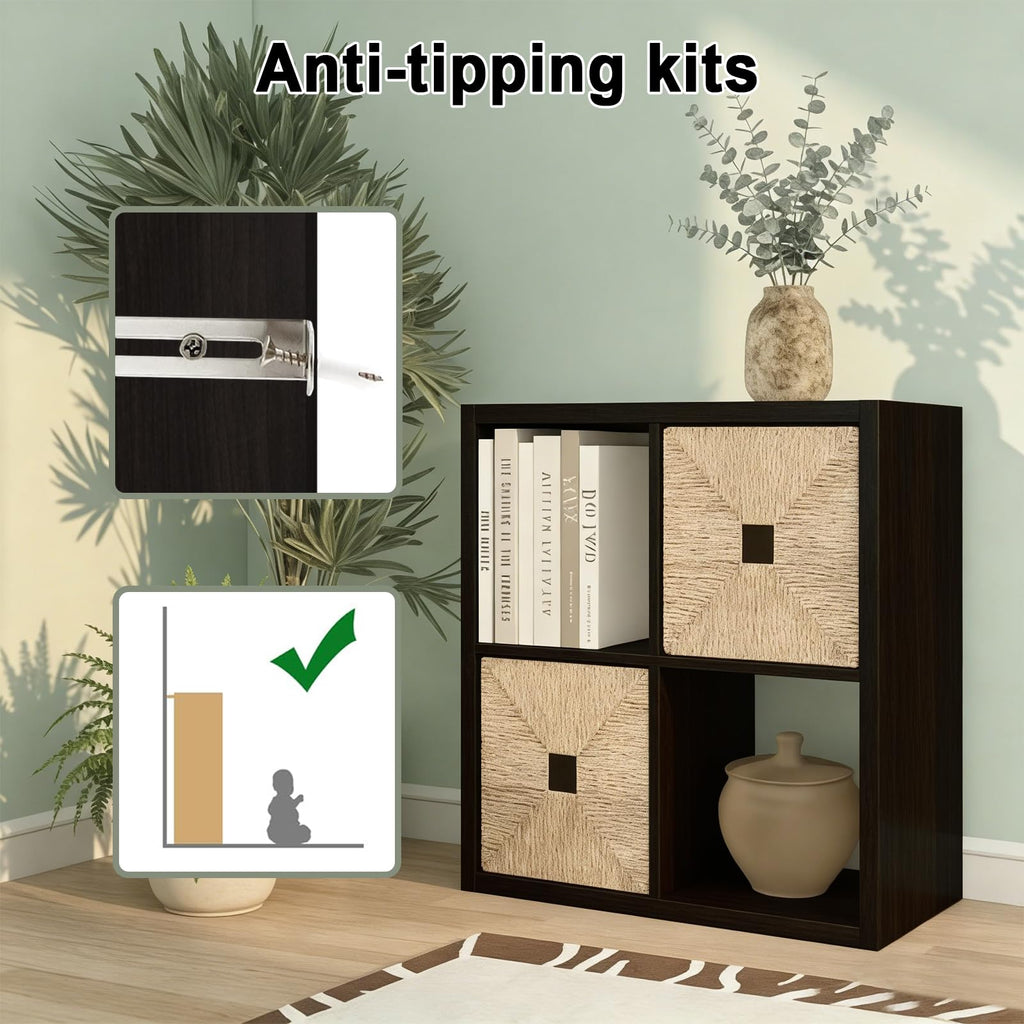 2026 Wooden Thick Frame 4 Cube Storage Organizer Shelf with Anti-Tipping Kits + Reversible Open Back Bookcase