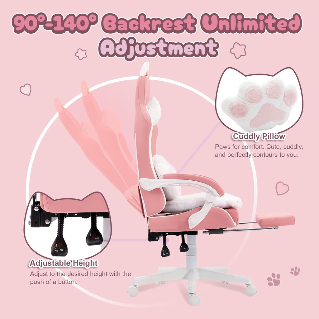 Pink Gaming Chair with Cat Ears and Massage Lumbar Support, Ergonomic Computer Chair with Footrest and Headrest