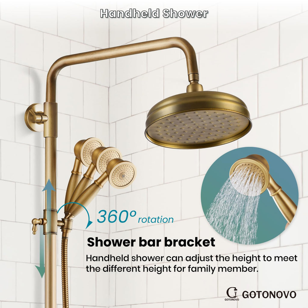 Exposed Shower System Wall Mount,Antique Brass,Metal Handheld
