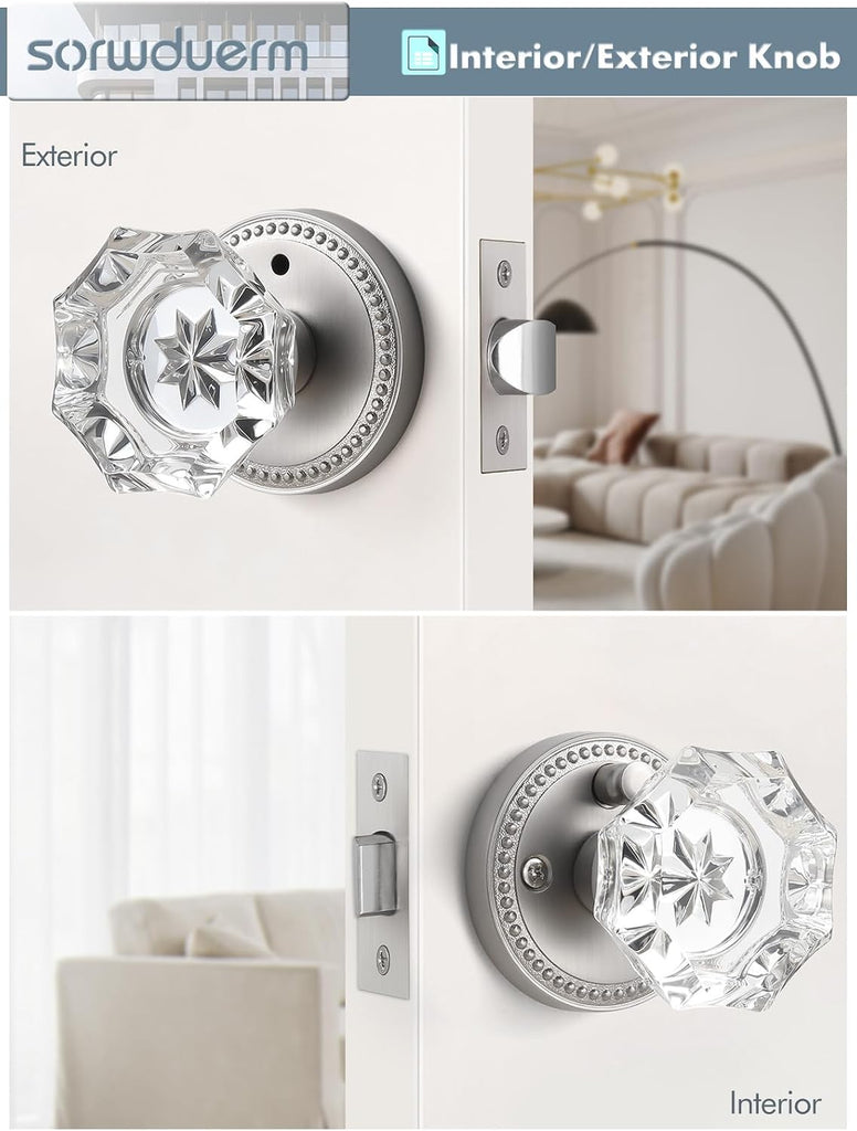 Door Knob Brushed Nickel Privacy Crystal Glass Interior 1 Pack