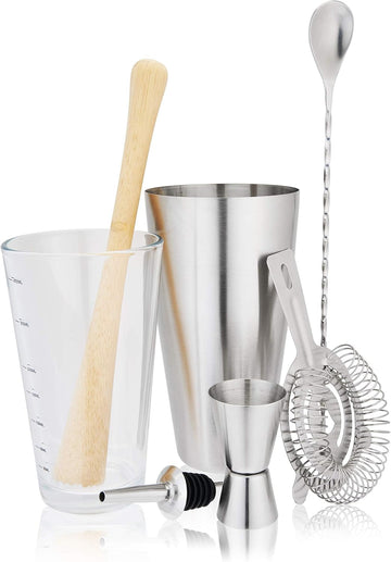 7-Piece Barware Set for Mixed Drinks and Cold Brew Cocktails, Includes Boston Cocktail Shaker Tin, Mixing Glass - Set of 7