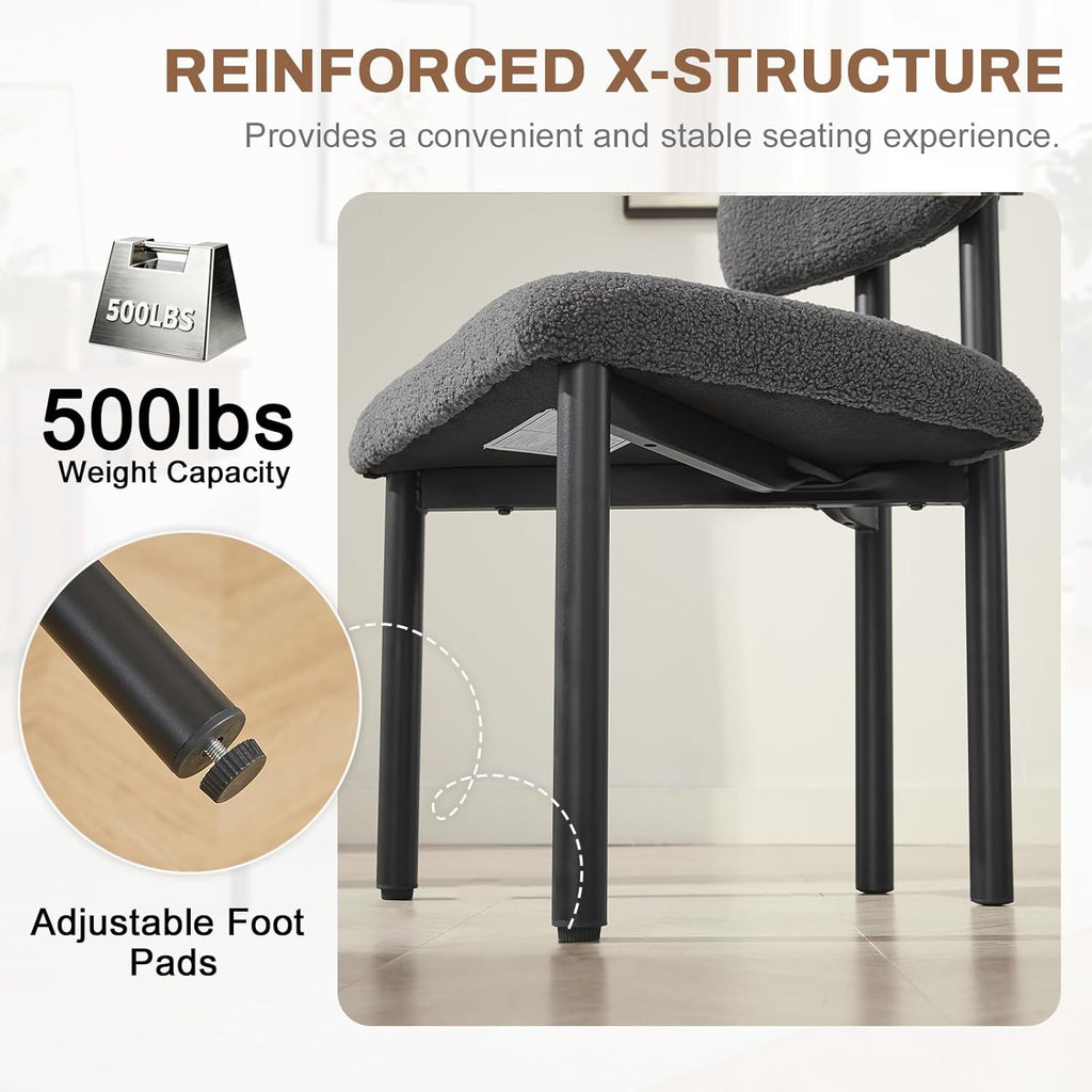 Boucle Dining Chairs Set of 2, Upholstered Kitchen Dinning Room Chair with Curved Backrest and Metal Frame