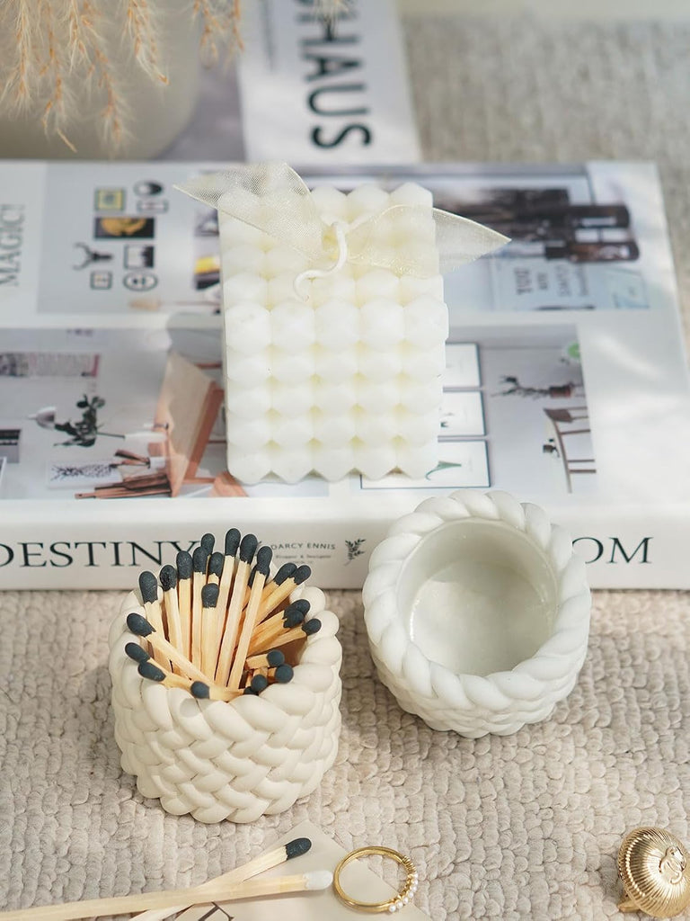 Concrete Match Holder with Striker-Elegant Decorative Match in Jar-for Cute/Fancy/Mini Candle - Set of 2