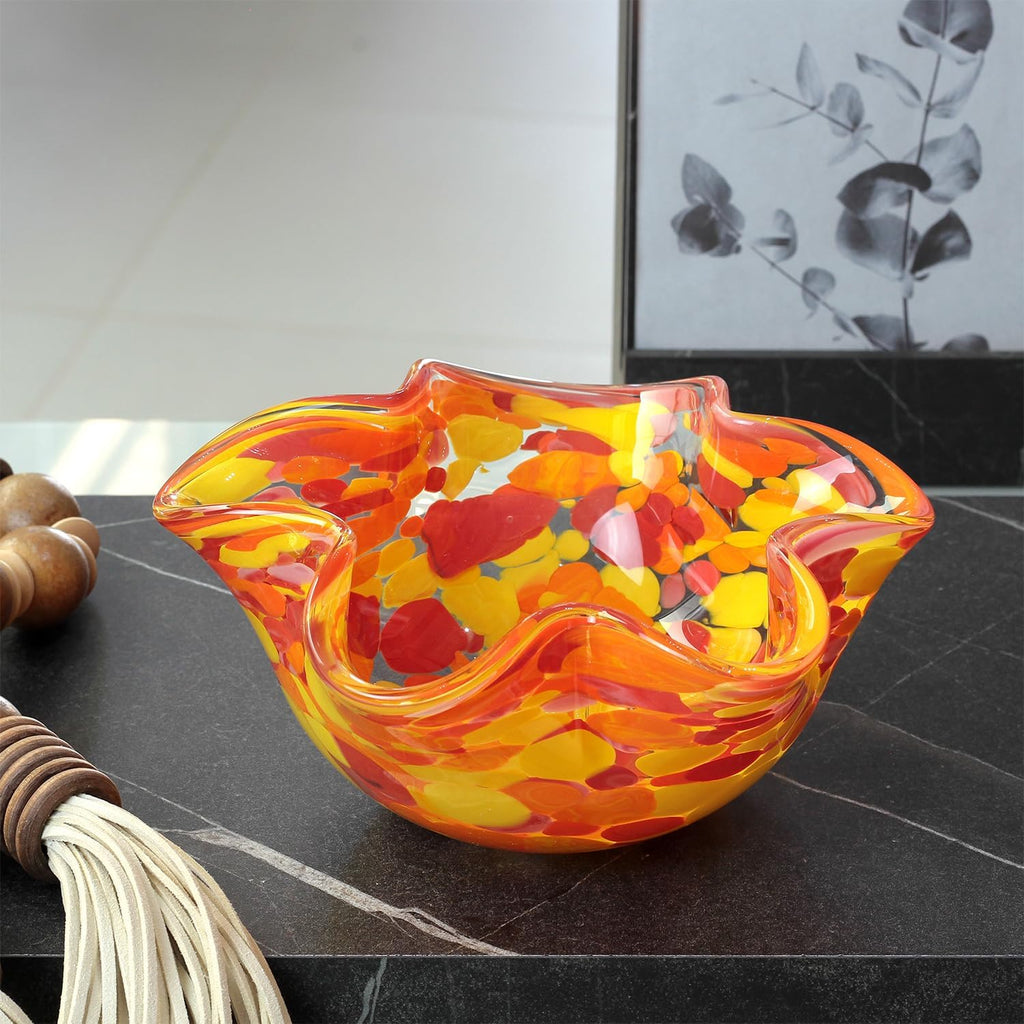 Murano Style Decorative Orange Glass Bowl Confetti Effect Hand Blown Art Glass Crystal, Room Decoration