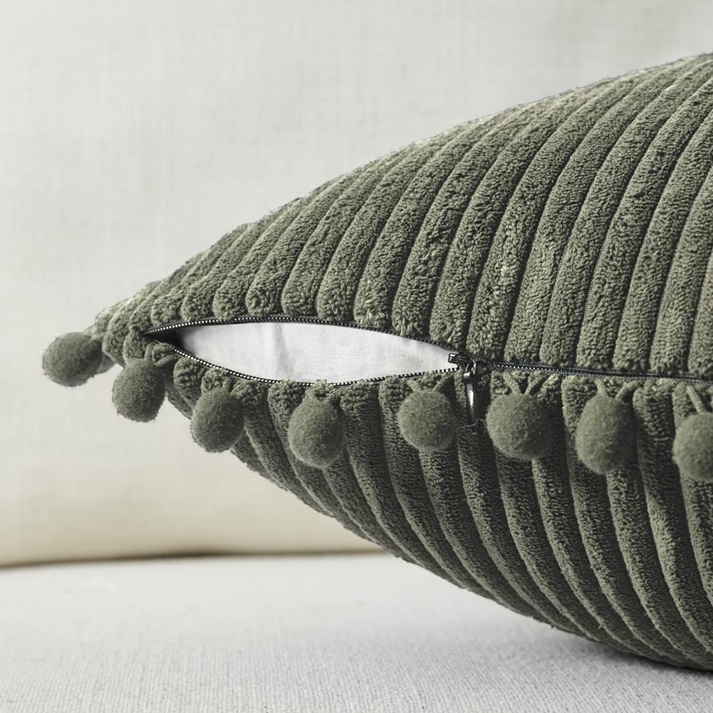 Pack of 2 Olive Green Decorative Throw Pillow Covers 22x22 Inch with Pom-poms for Couch Bed Living Room, Soft