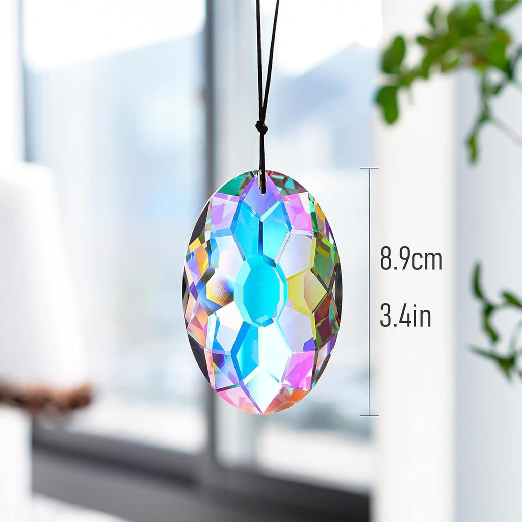 3.5 Inch Oval Crystal Prism Suncatcher, AB Rainbow Maker - AB Coating Faceted Glass Pendant, Colorful Light Catcher