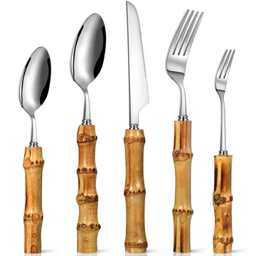 30 Pcs Bamboo Silverware Set 18/8 Stainless Steel Flatware Set