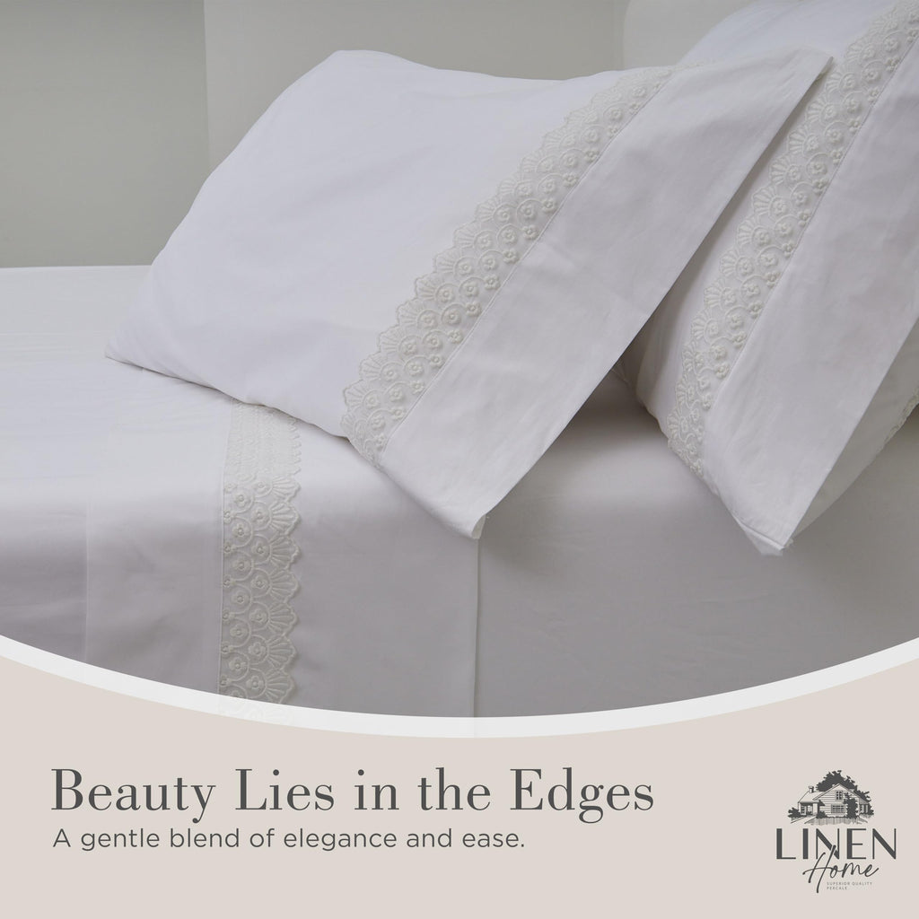 Home 100% Cotton Percale Floral Scallop Lace Sheets, Queen Size, White, Deep Pocket, 4 Pieces Set - 1 Flat, 1 Deep