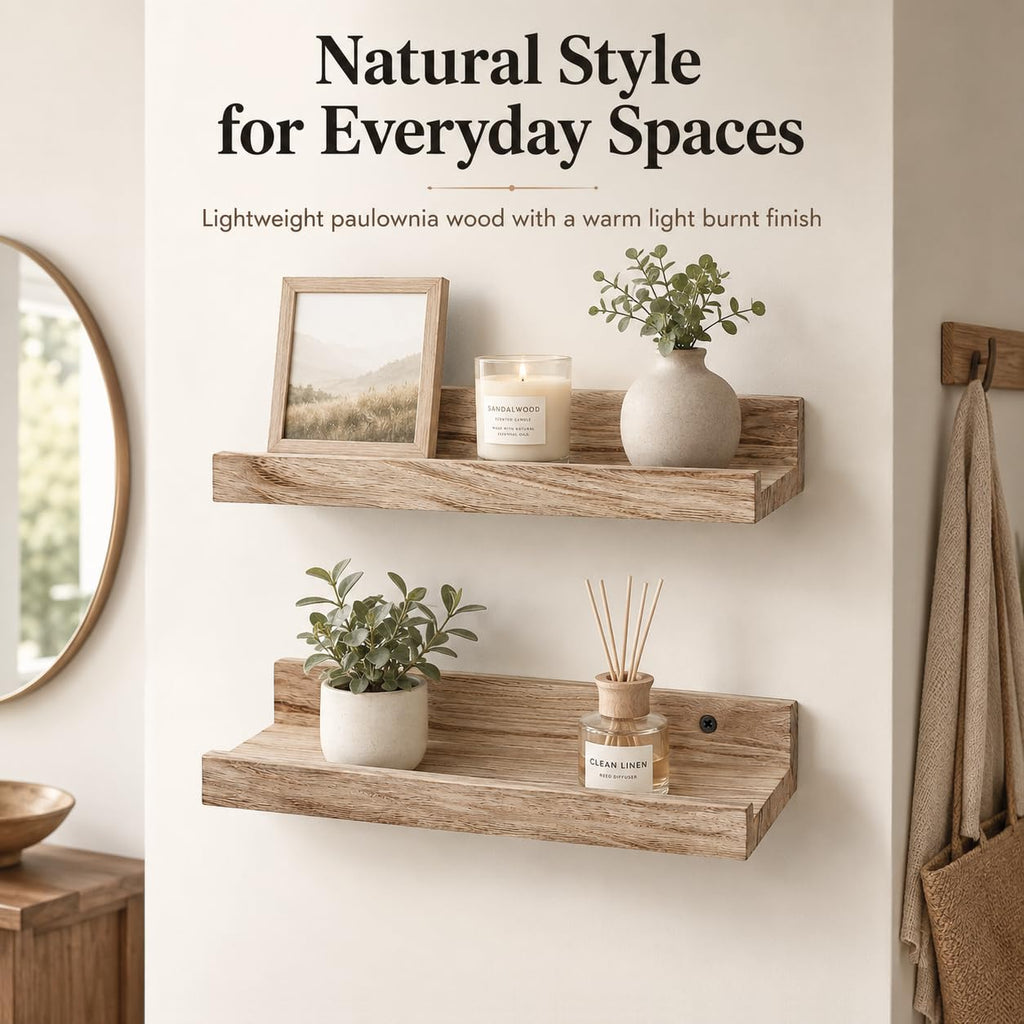 Mini Floating Shelves, Small Natural Wooden Display Wall Shelf for Picture Ledge, Natural Color, Wall Mounted, 12 x