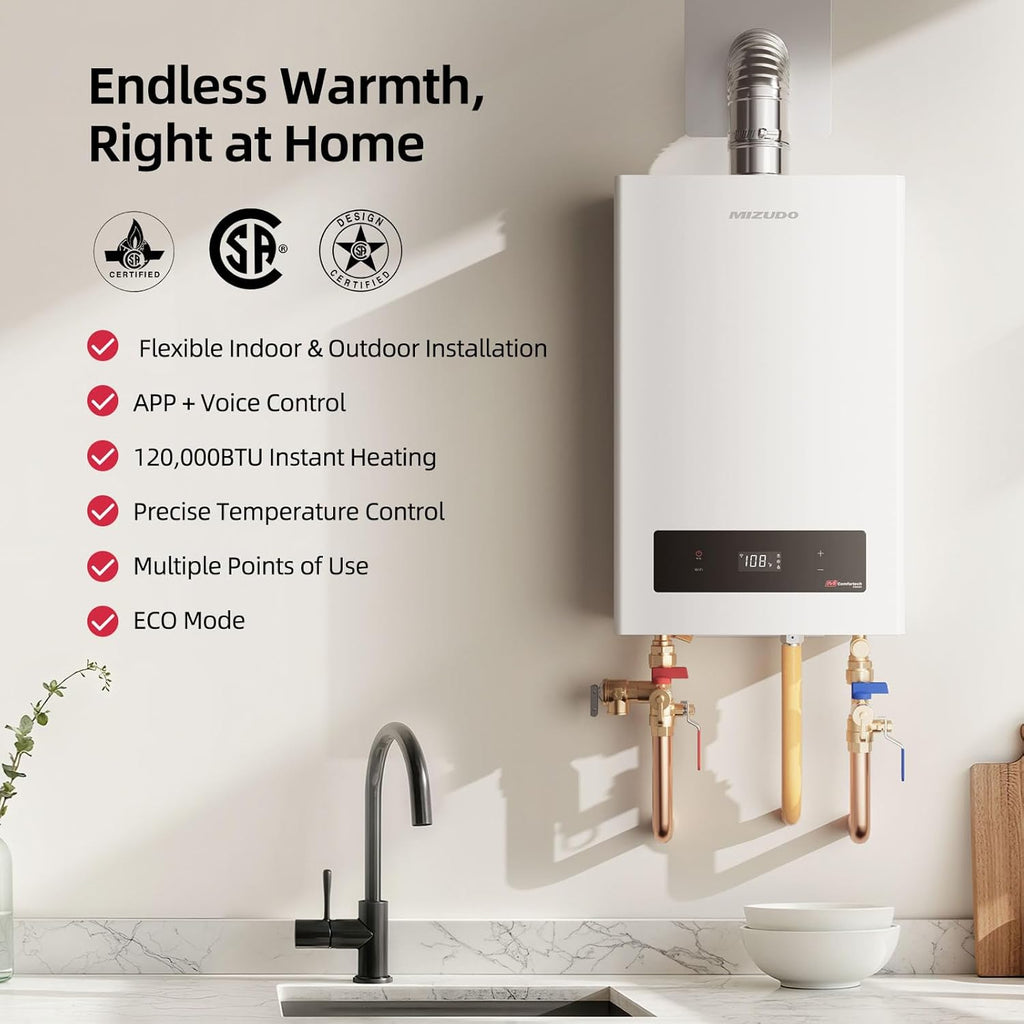 Natural Gas Tankless Water Heater, Indoor or Outdoor Convertible Installation, Max 5.1 GPM 120, 000 BTU