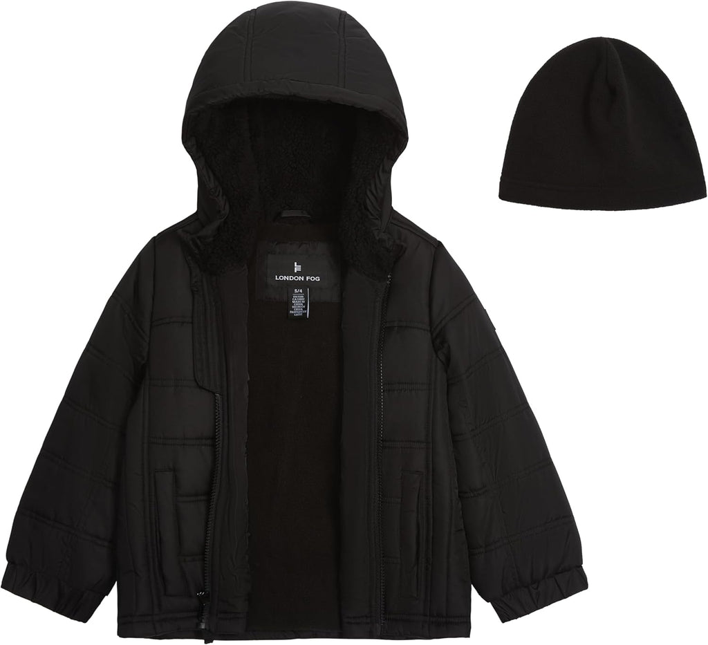 Boys' Sporty Heavyweight Hooded Puffer Jacket and Fleece Beanie