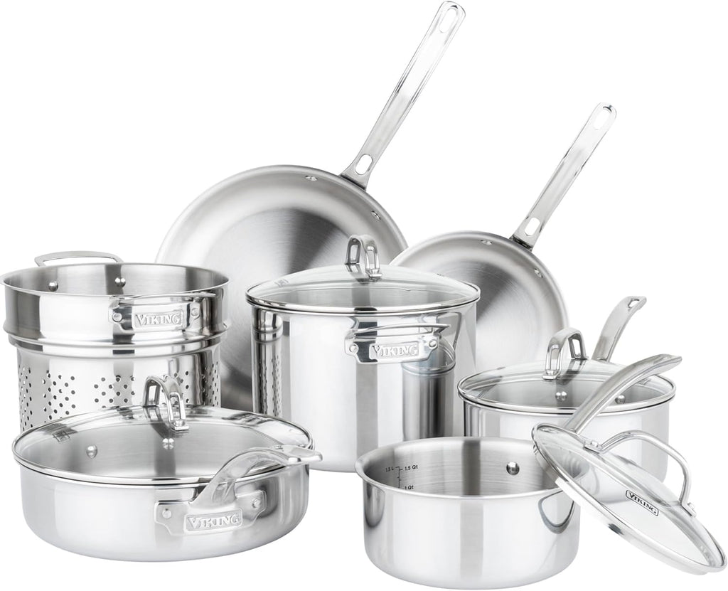 Artisan 3-Ply Stainless Steel 11-Piece Cookware Set with Vented Glass Lids, Fry Pans, Saucepans, Saute Pan, Stock Pot