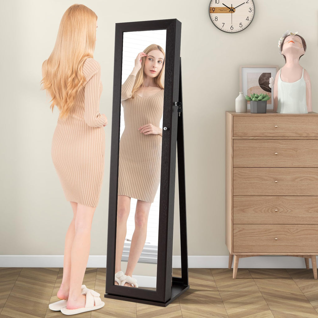 Jewelry Cabinet with Full-length Mirror, Jewelry Storage Organizer with Makeup Mirror, Back Storage Shelf, Lockable