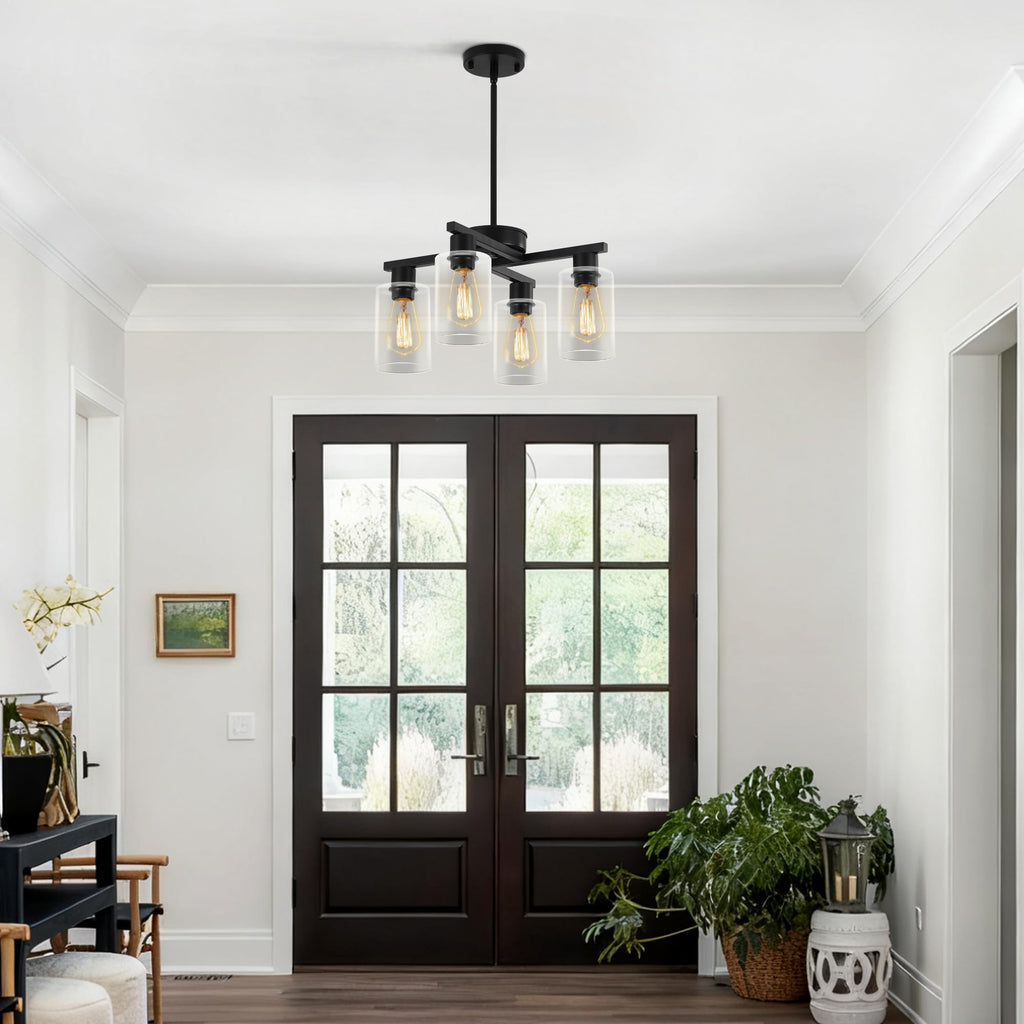 4-Light Modern Farmhouse Black Chandelier, Dining Room Light Fixture Over Table Adjustable Height Hanging Industrial