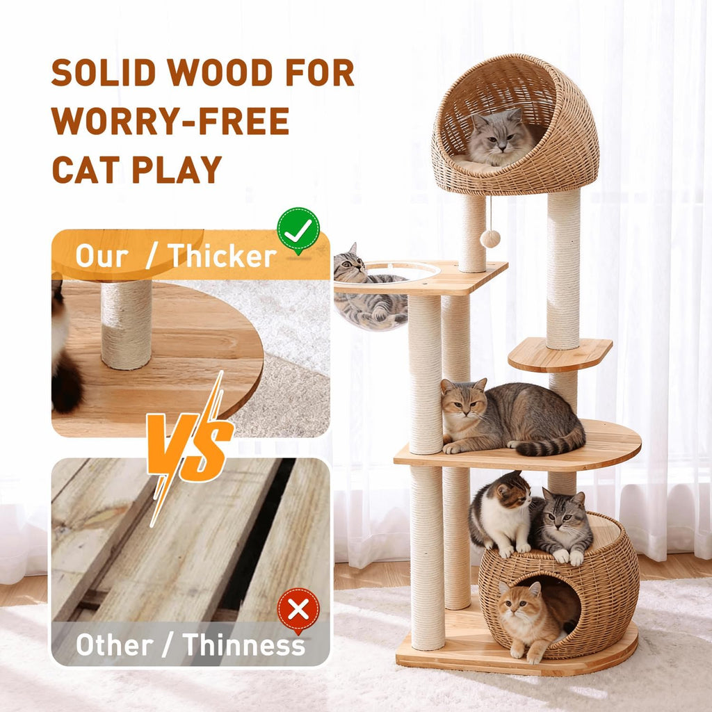 Wood Cat Tree for Indoor Cats, 59in Tall Cat Tower