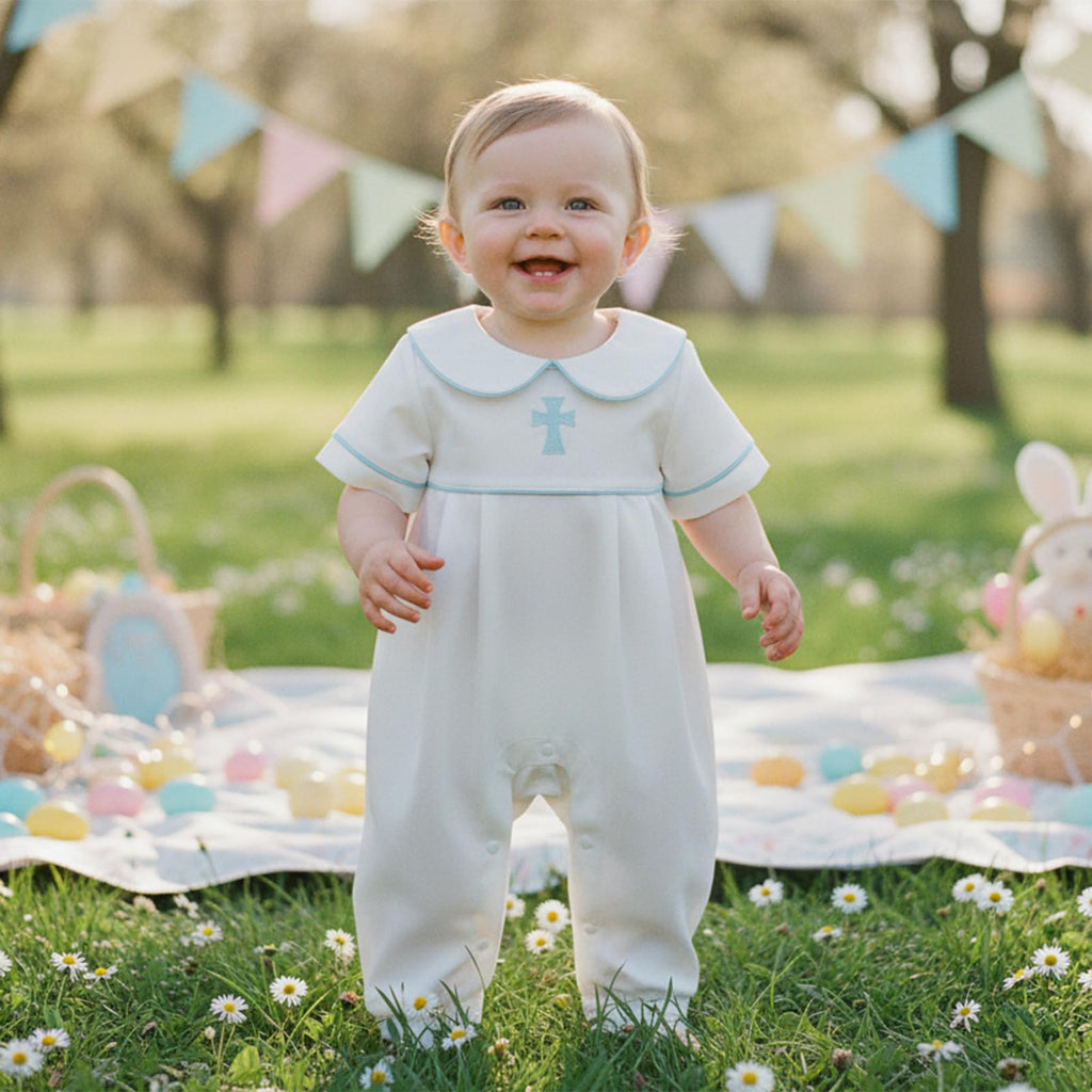 Newborn Baby Boy Baptism Outfit Bubble Romper Peter Pan Bodysuit Cross Jumpsuit Infant Church Outfit (White