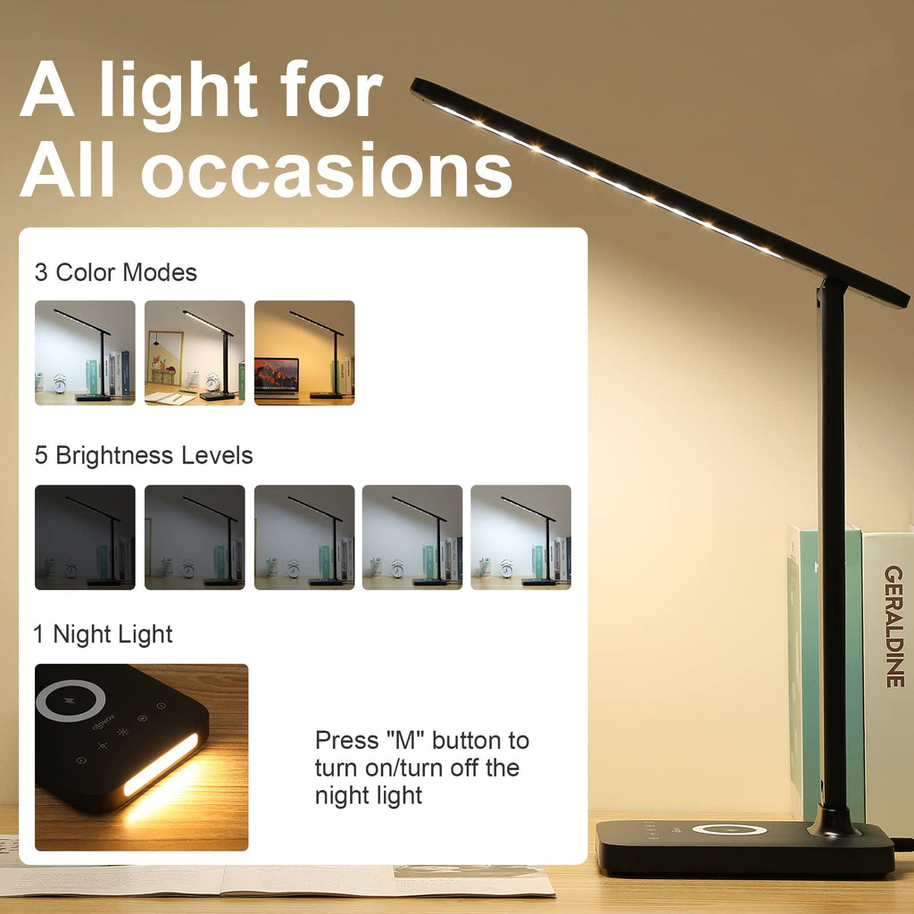 LED Desk Lamp with Fast Charger, USB Charging Port, Desk Light with 5 Brightness Levels, Touch Control, 30/60 min