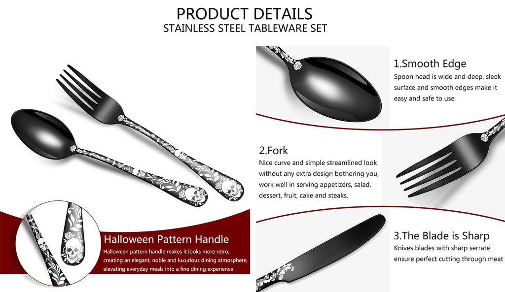 Halloween Skeleton Silverware Set, 24 Piece Stainless Steel Flatware Set Service for 6, Gothic Skull Cutlery Set