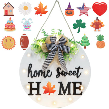 Interchangeable Welcome Sign for Front Door with 14 Changeable Icons, Farmhouse Front Porch Decor Rustic Wooden Wall