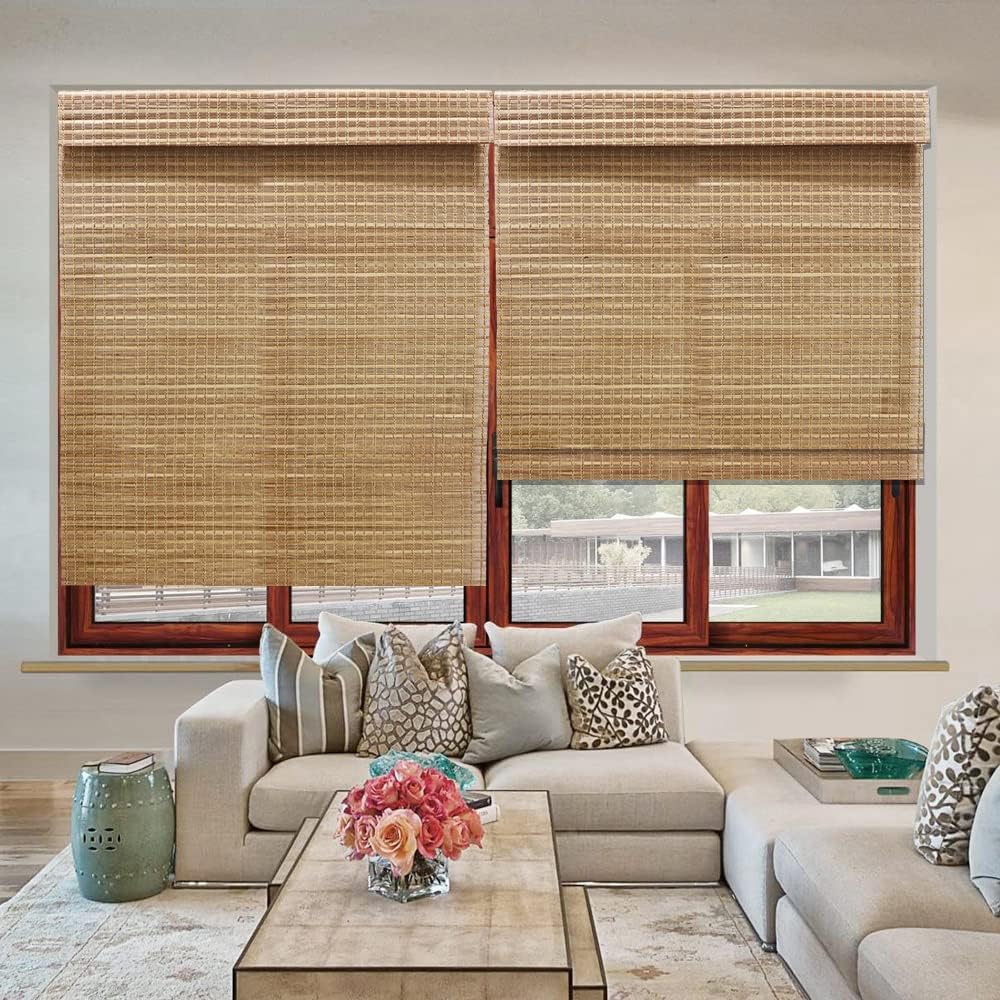 Wood Window Roman Shades, Lined Blackout Bamboo Roman Shades Blinds, Easy Installation for Home and Garden, Pattern 3
