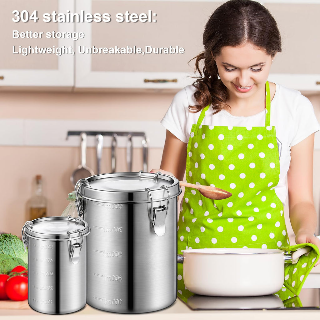 4 Pcs Stainless Steel Airtight Food Containers 84oz 54oz 34oz 17oz Coffee Bean Flour Sugar Tea Cereal Cookie Metal