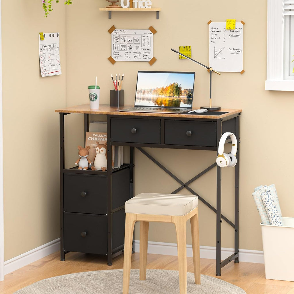 Small Computer Desk with 4 Fabric Drawers, Simple Writing Desk, Compact Study Desks for Small Spaces, Kids Desk Study