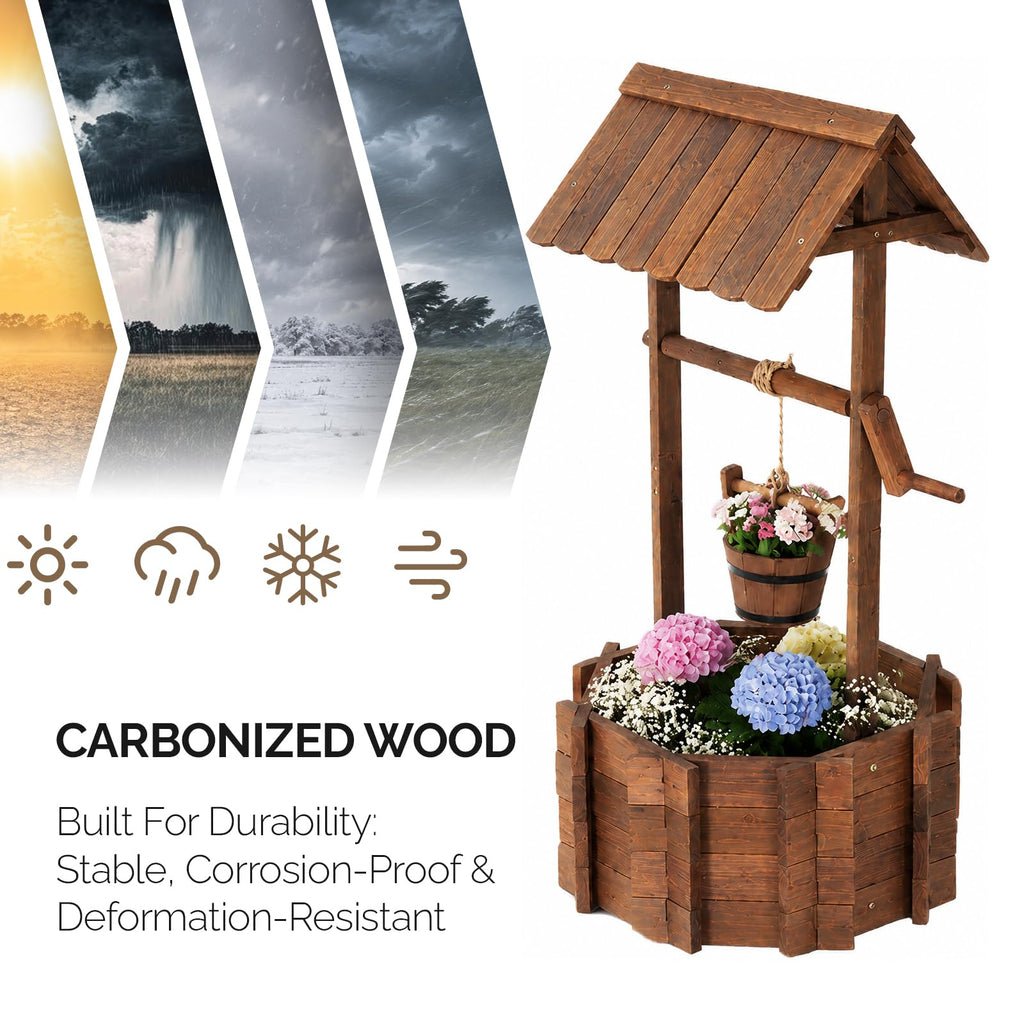 Wooden Wishing Well Outdoor Planters, Well Covers for Yard with 4 Reinforced Rods, Height Adjustable Hanging Bucket