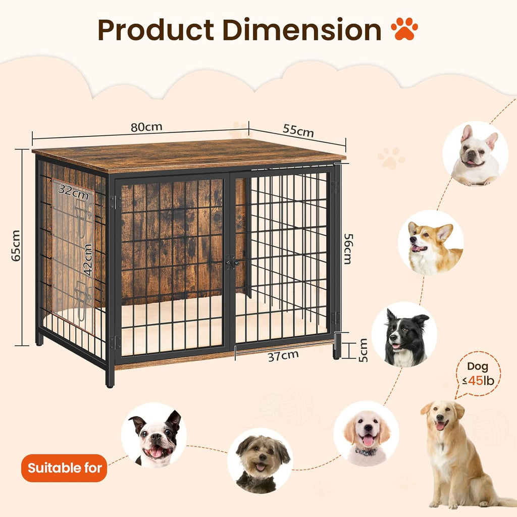 Dog Crate Furniture with Cushion, Wooden Dog Kennel with Double Doors, Heavy Duty Dog Cage for Small/Medium/Large Dogs